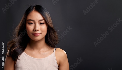 深いダーク背景の中で目を閉じ、リラックスした表情を浮かべるラテン系女性。ナチュラルメイクとシンプルなヘアスタイルが、落ち着きと優雅さを引き立てるシンプルな美しい構図。

