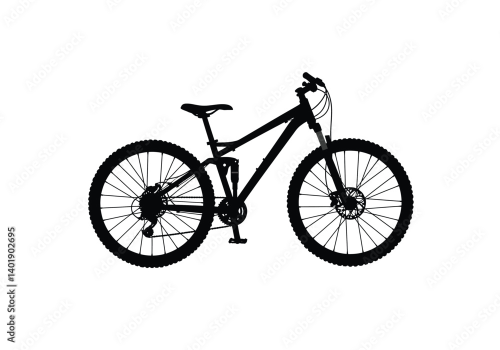 Mountain bike silhouette. A black silhouette of a mountain bike with bold outlines, showcasing detailed components like wheels and handlebars. Vector black clipart illustration design. Mountain bike silhouette. A black silhouette of a mountain bike with bold outlines, showcasing detailed components like wheels and handlebars. Vector black clipart illustration design.