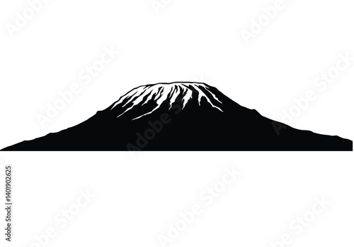 Mt kilimanjaro silhouette. This image highlights a bold black silhouette of Mount Kilimanjaro with its snow-capped peak and rugged outlines. Vector black clipart illustration design.