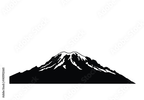 Mt rainier silhouette. This image highlights a bold black silhouette of Mount Rainier with its sharp peaks and snow-covered contours. Vector black clipart illustration design.