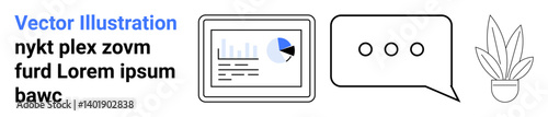 Tablet with data charts, speech bubble with three dots, potted plant. Ideal for business, analytics, communication, productivity, modern workspace, digital design flat landing page banner