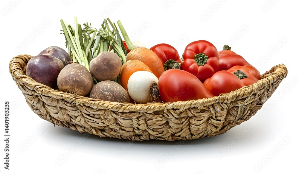 A basket of fresh vegetables on a white background, high-resolution A basket of fresh vegetables on a white background, high-resolution