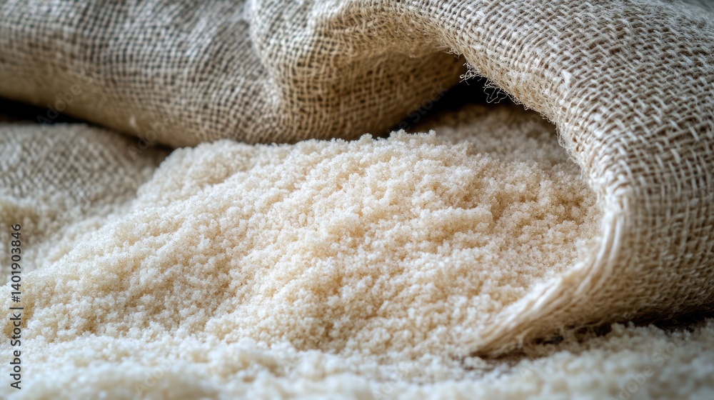 Close-up of pale soybean powder residue in emptied storage sack Close-up of pale soybean powder residue in emptied storage sack