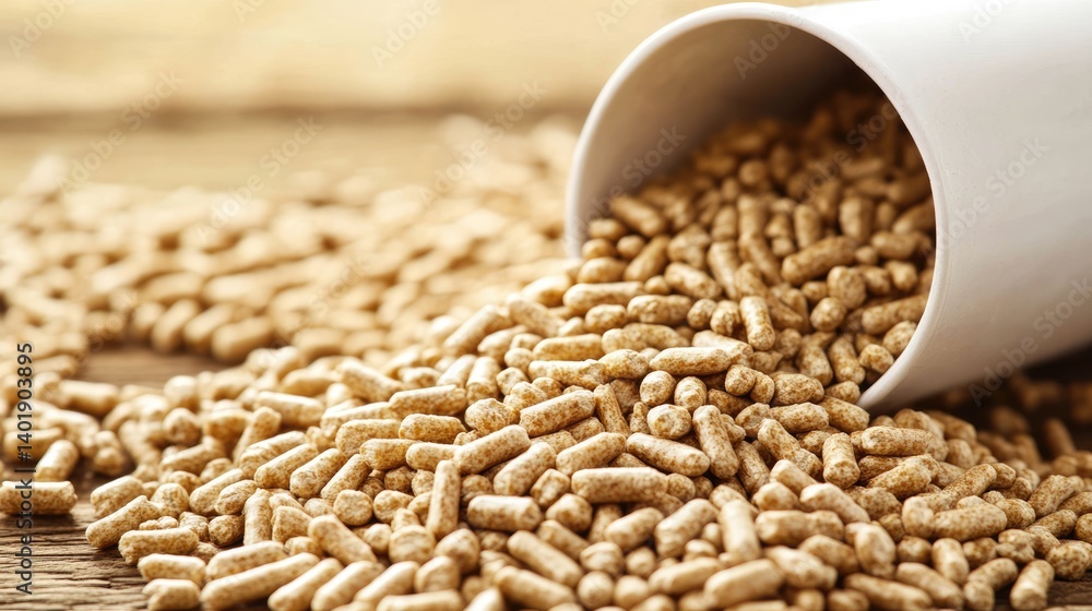 Close-up of scattered grain pellets with measuring cup emphasizing reduced supply Close-up of scattered grain pellets with measuring cup emphasizing reduced supply