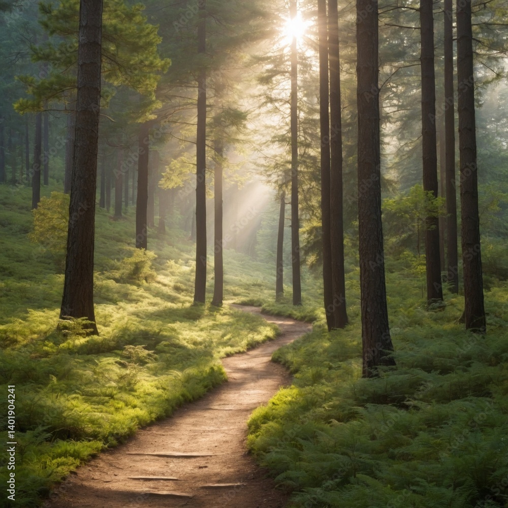 Obraz premium Serene forest scene with tall trees, dappled sunlight, and winding path — tranquil nature landscape