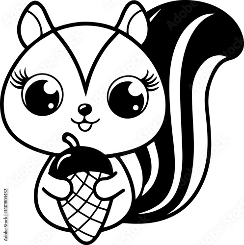 svg clipart black silhouette Cute Cartoon Squirrel Holding Ice Cream Cone in Black and White Outline