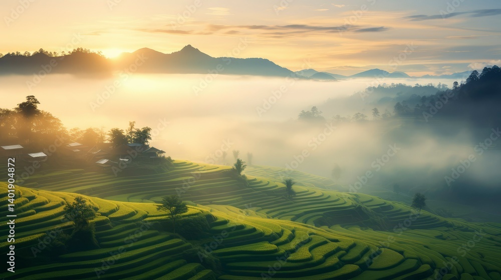 Obraz premium Sunrise Over Misty Rice Terraces in Southeast Asia