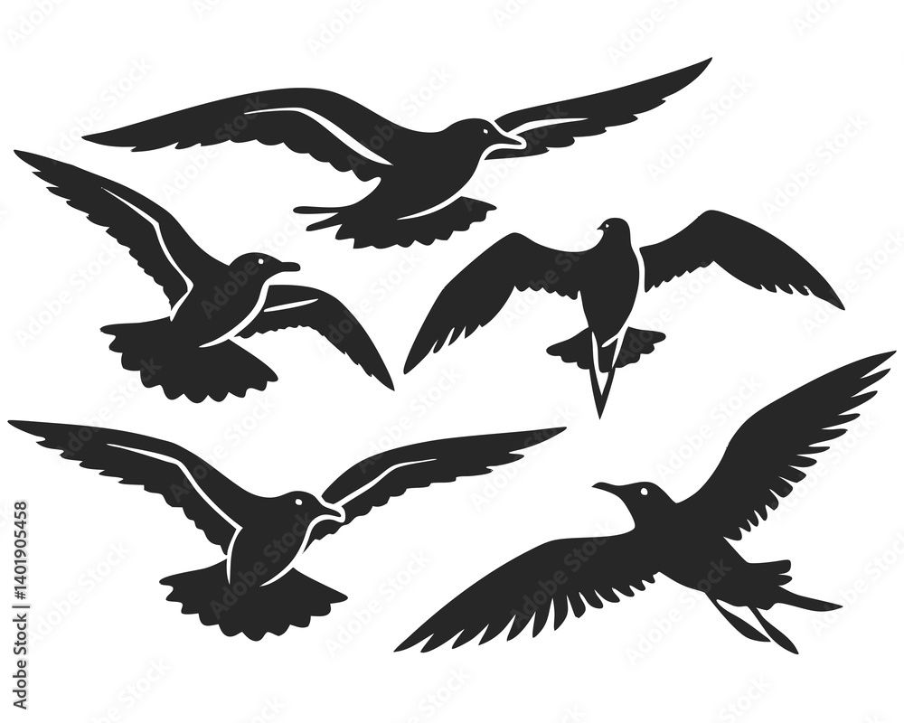Obraz premium set of seagull flying silhouette vector illustration