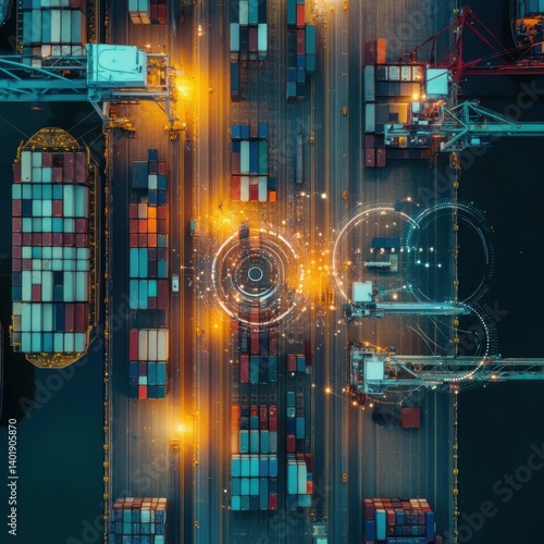 Aerial View of Shipping Containers and Crane Operations at Port