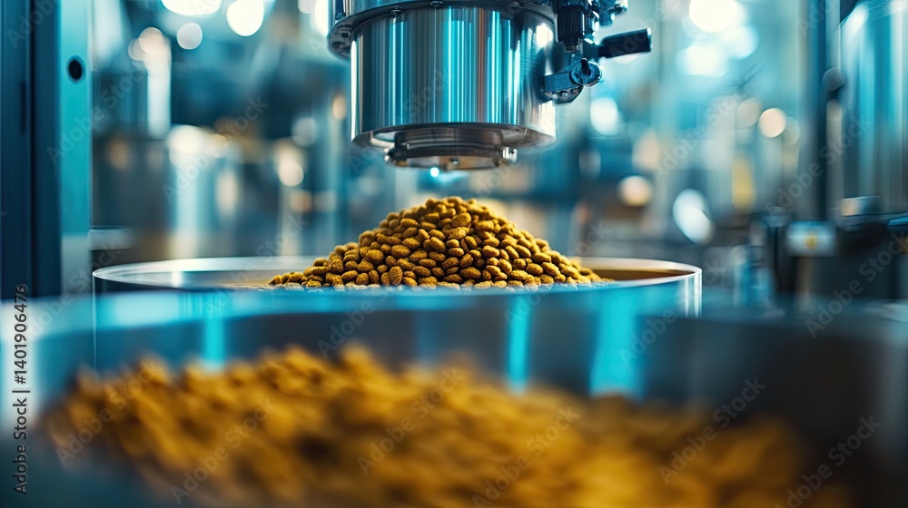Precision blending machine preparing nutrient-rich pet food mixture in modern facility Precision blending machine preparing nutrient-rich pet food mixture in modern facility