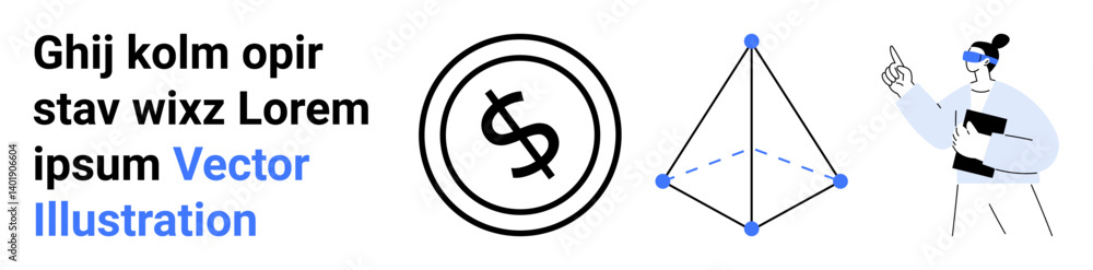 Dollar emblem next to a 3D pyramid structure and a person presenting. Ideal for financial analysis, business planning, presentations, education, concepts, creative thinking, abstract line flat Dollar emblem next to a 3D pyramid structure and a person presenting. Ideal for financial analysis, business planning, presentations, education, concepts, creative thinking, abstract line flat