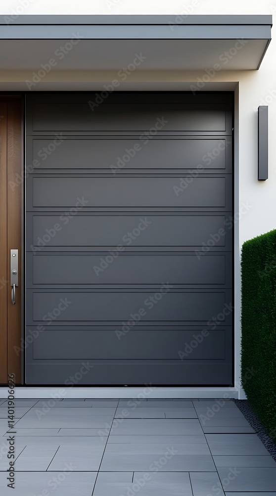 Fototapeta premium Modern residential house exterior with a sleek gray garage door, stylish wooden front door, and clean architectural design perfect for real estate and construction themes