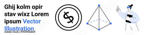 Dollar emblem next to a 3D pyramid structure and a person presenting. Ideal for financial analysis, business planning, presentations, education, concepts, creative thinking, abstract line flat