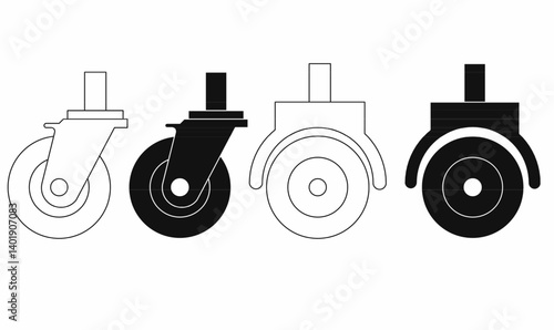 Set of caster wheel vector icons in outline and solid styles. Perfect for furniture, trolley, industrial, and hardware illustrations. Editable stroke