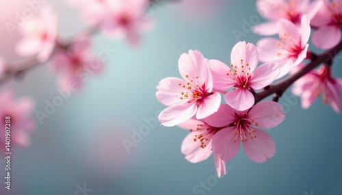Delicate pink cherry blossoms, soft petals, floral branches, photography, image