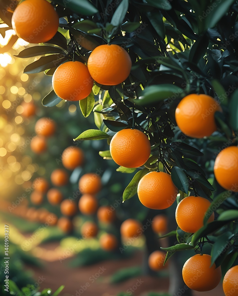 Orange orchard with ripe citrus fruit hanging from lush green trees in warm sunlight, creating a peaceful and vibrant natural agricultural scene at harvest time
Orange orchard with ripe citrus fruit hanging from lush green trees in warm sunlight, creating a peaceful and vibrant natural agricultural scene at harvest time