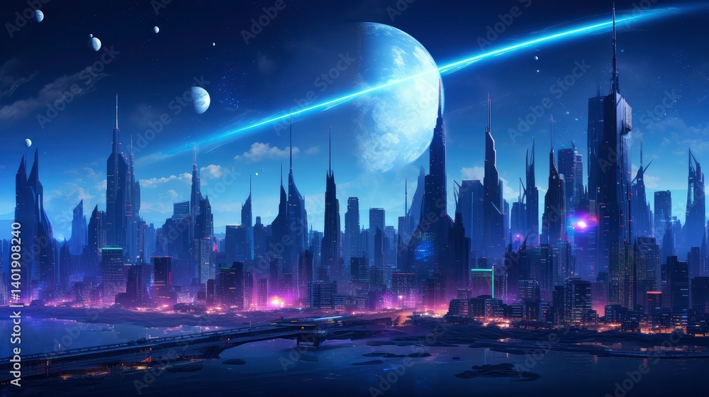 Obraz premium Futuristic Cityscape Under a Giant Moon and Comet
