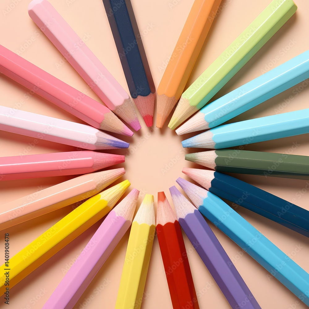 Colorful Pencils Arranged in a Circle on a Beige Background Colorful Pencils Arranged in a Circle on a Beige Background