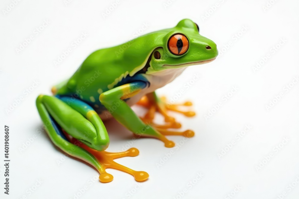 Obraz premium Green tree frog perched on white, vibrant skin, bright, animal photography