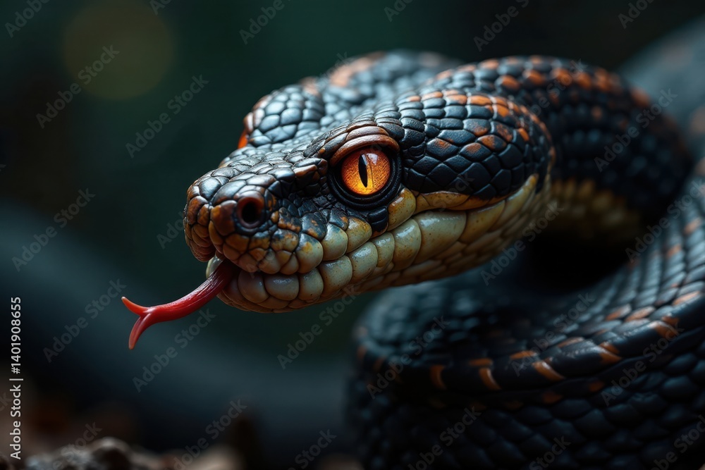 Viper snake's head with piercing eyes and forked tongue , closeup, head Viper snake's head with piercing eyes and forked tongue , closeup, head