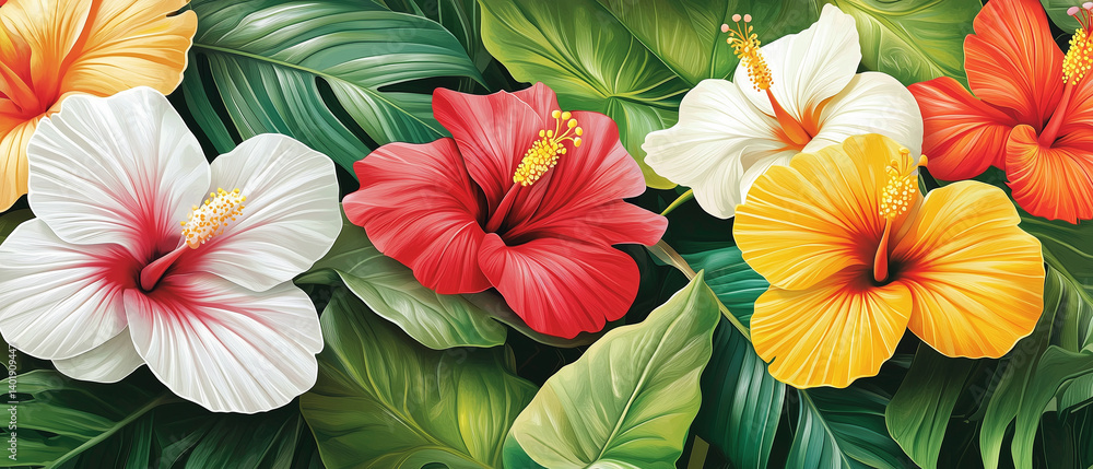custom made wallpaper toronto digitalBright, exotic flowers like hibiscus and bird of paradise. 
