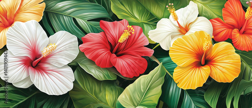 Wallpaper Mural Bright, exotic flowers like hibiscus and bird of paradise.  Torontodigital.ca