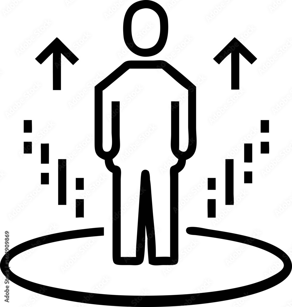 simple black and white line drawing depicts person standing within circle, with upward arrows and small squares surrounding them, suggesting growth or progress simple black and white line drawing depicts person standing within circle, with upward arrows and small squares surrounding them, suggesting growth or progress