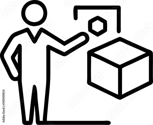 stick figure is interacting with geometric shapes, including cube and hexagon, suggesting concepts of design or technology. simple line art style conveys sense of modernity and abstraction