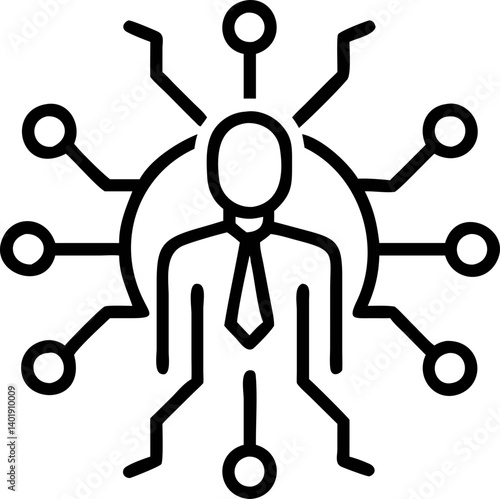 stylized illustration of person suit with lines and circles extending outward, symbolizing connectivity and networking. design is simple and monochromatic, conveying sense of technology