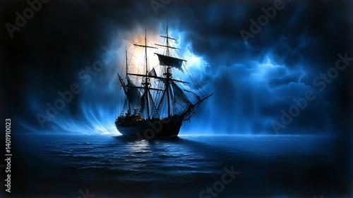 Stormy Seas: A Lone Ship Braving the Night