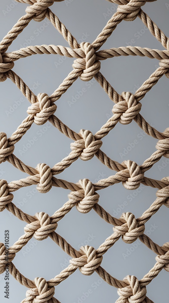 Close-up of beige rope netting, showing detailed texture and pattern of knotted ropes arranged in a diamond grid against a neutral background
Close-up of beige rope netting, showing detailed texture and pattern of knotted ropes arranged in a diamond grid against a neutral background