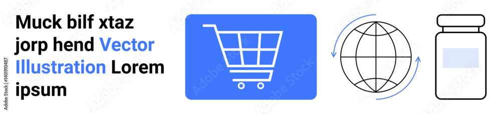 Shopping cart icon, global network with arrows, and product container symbolizing e-commerce, global trade, and product distribution. Ideal for e-commerce, marketing, shipping, logistics commerce Shopping cart icon, global network with arrows, and product container symbolizing e-commerce, global trade, and product distribution. Ideal for e-commerce, marketing, shipping, logistics commerce