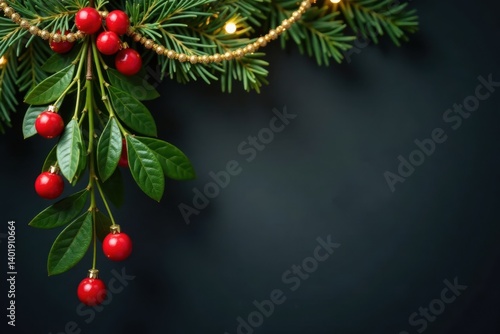 Red and green mistletoe hangs from a golden garland isolated on a dark grey background, festive, decorations
