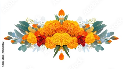 Songkran Vibrant Orange And Yellow Marigold Floral Arrangement With Red Roses