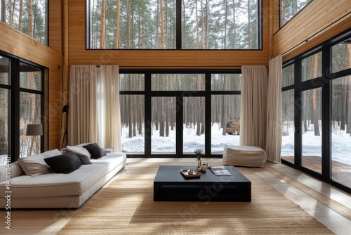 Bright living room with wooden walls and large windows overlooking a winter forest. Ideal for interior design  nature escape  or cozy home lifestyle concepts.