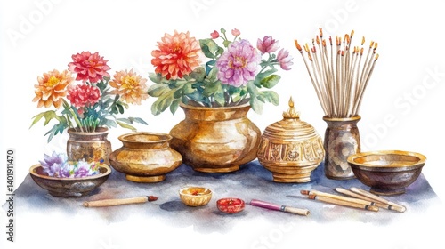 Songkran Watercolor Still Life of Brass Vessels and Colorful Flowers
