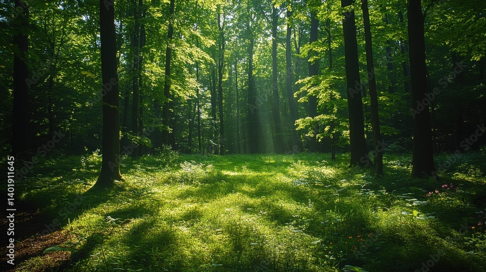 Obraz premium Sunlight filtering through lush green forest trees creating a atmosphere