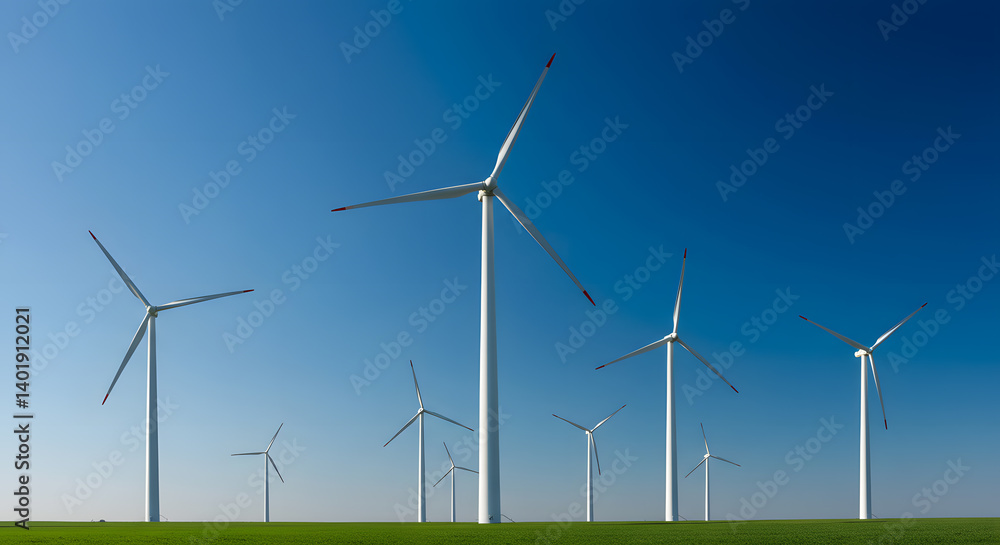Towering Wind Turbines Over Green Fields and Blue Skies Towering Wind Turbines Over Green Fields and Blue Skies