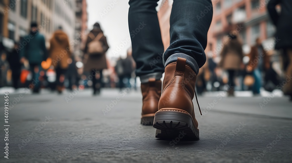 Low-angle view of person in stylish boots walking through busy city street, representing urban commute, independence, motion, and daily journey in modern environment
Low-angle view of person in stylish boots walking through busy city street, representing urban commute, independence, motion, and daily journey in modern environment