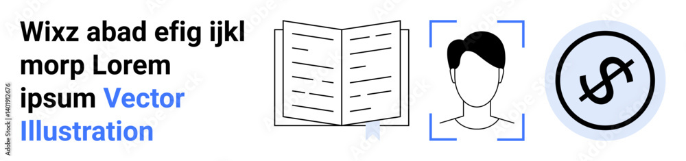 Open book, user profile framed by recognition brackets, and dollar sign in circle. Ideal for education, user identity, finance, technology, branding, business strategy simple landing page Open book, user profile framed by recognition brackets, and dollar sign in circle. Ideal for education, user identity, finance, technology, branding, business strategy simple landing page