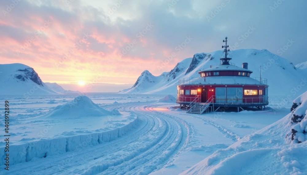 Obraz premium South Pole research station amidst icy landscape, science, snow