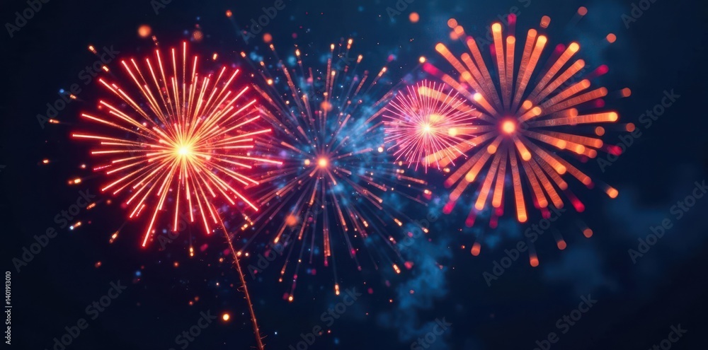 Naklejka premium Colorful fireworks exploding in mid-air with vibrant sparks and glitter, night sky, vibrant