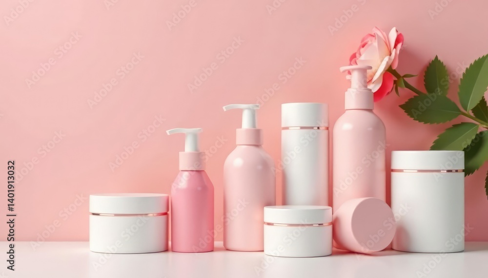 Various cosmetic containers, pristine backdrop, foundation, powder Various cosmetic containers, pristine backdrop, foundation, powder