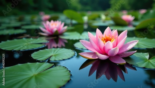Water lilies create floral pattern on still lake , photography, pretty, water