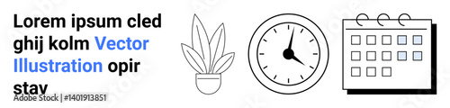 Potted plant, analog clock, calendar with notes. Ideal for time management, scheduling, productivity, office planning, organization, workflow flat landing page banner