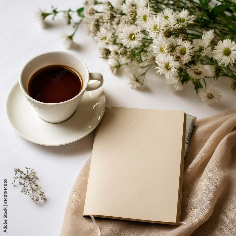 Cozy Coffee Break with Blank Notebook and Delicate Flowers Cozy Coffee Break with Blank Notebook and Delicate Flowers