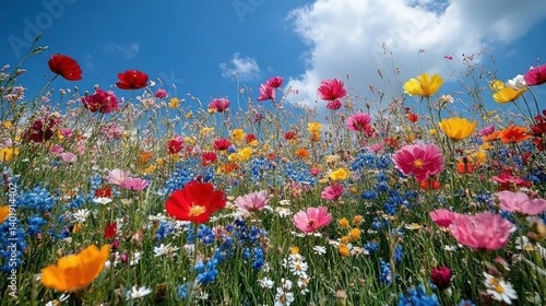 Fototapeta Naklejka Na Ścianę i Meble -  Vibrant flower field under a clear blue sky