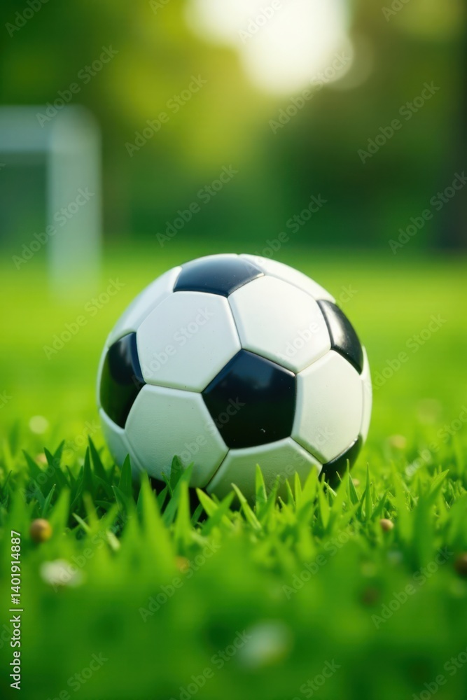 Obraz premium Soft focus on green grass with soccer ball in center, outdoor, field