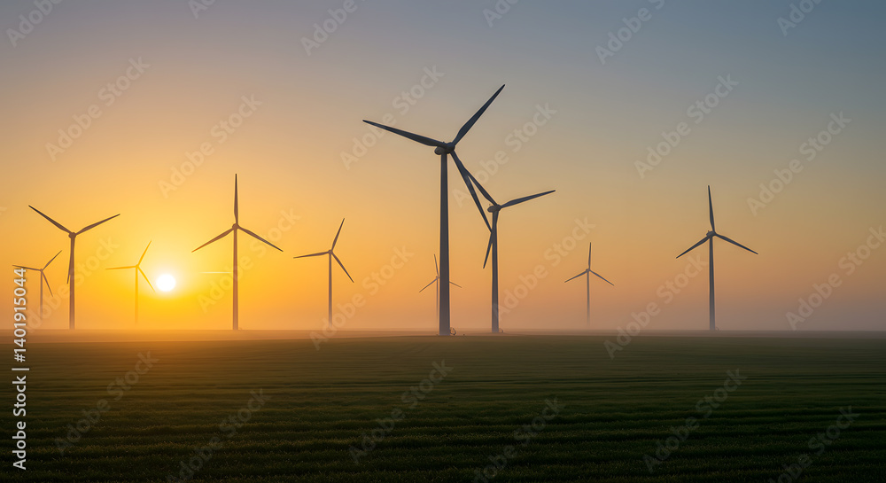 Obraz premium Wind Turbines in Green Field at Sunrise with Diagonal Composition