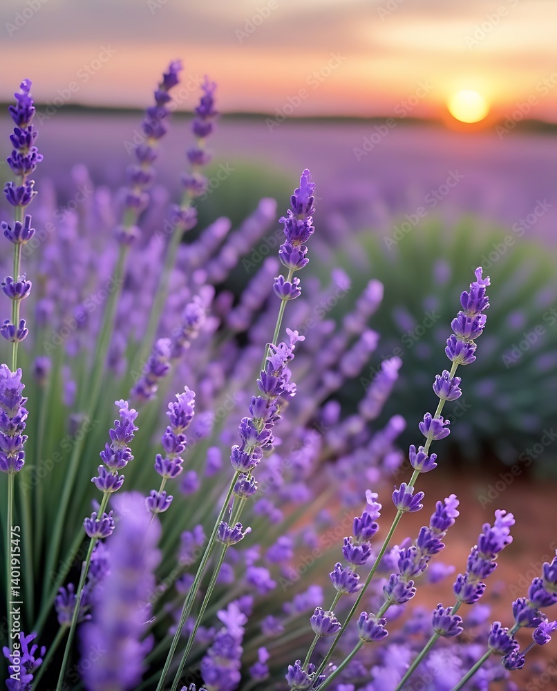 Obraz premium Beautiful lavender field at sunrise with vibrant purple blossoms and soft golden light, capturing the serene and aromatic atmosphere of blooming nature in summer countryside